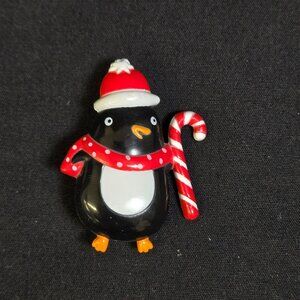 Vintage Plastic Penguin Holiday Brooch With Candy Cane & Red Scarf